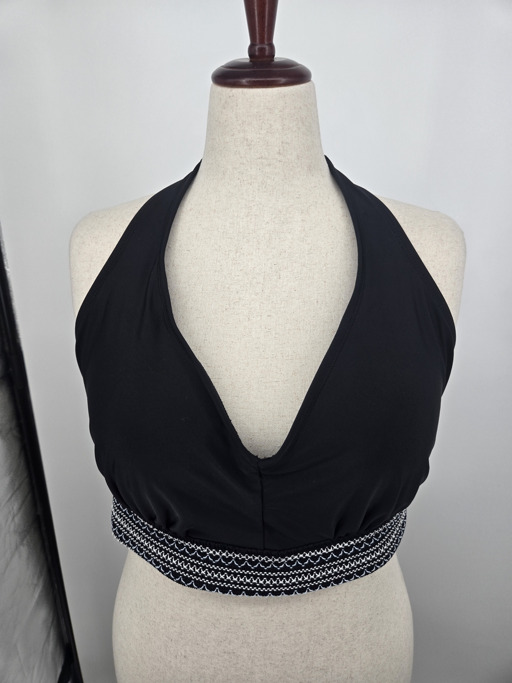 Kona Sol Black Halter Bikini Top Smocked Woven Band 26W NWT (7260)